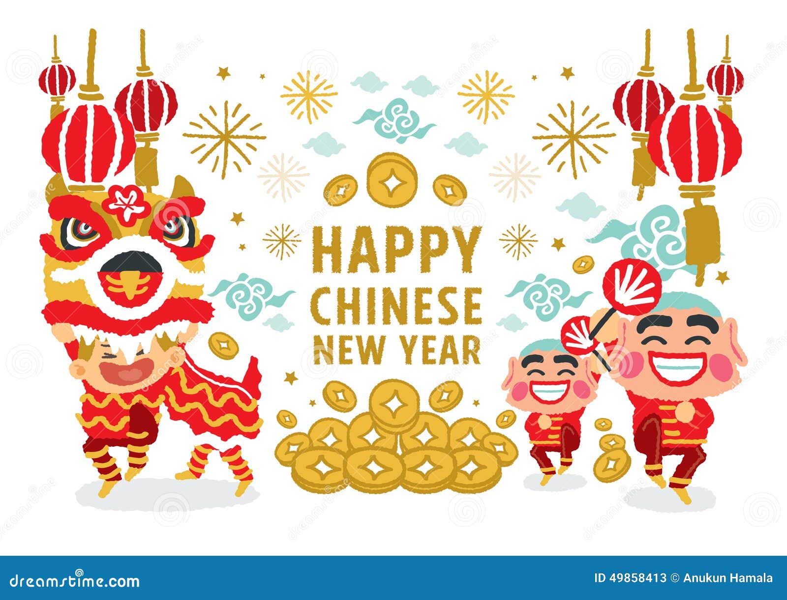 Chinese New year symbols set isolated on white background. Cartoon New year  decorations. Vector illustration. Stock Vector