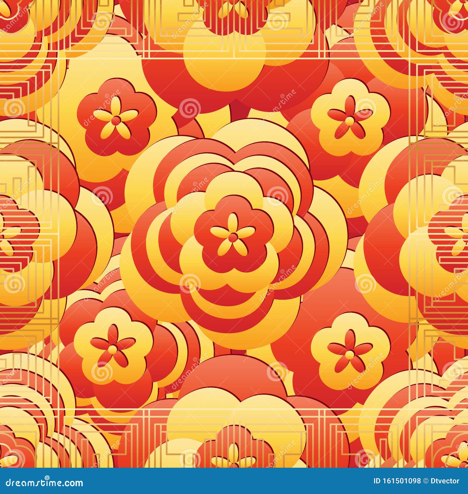 Chinese New Year Red Yellow Geo Flower Lace Seamless Pattern Stock