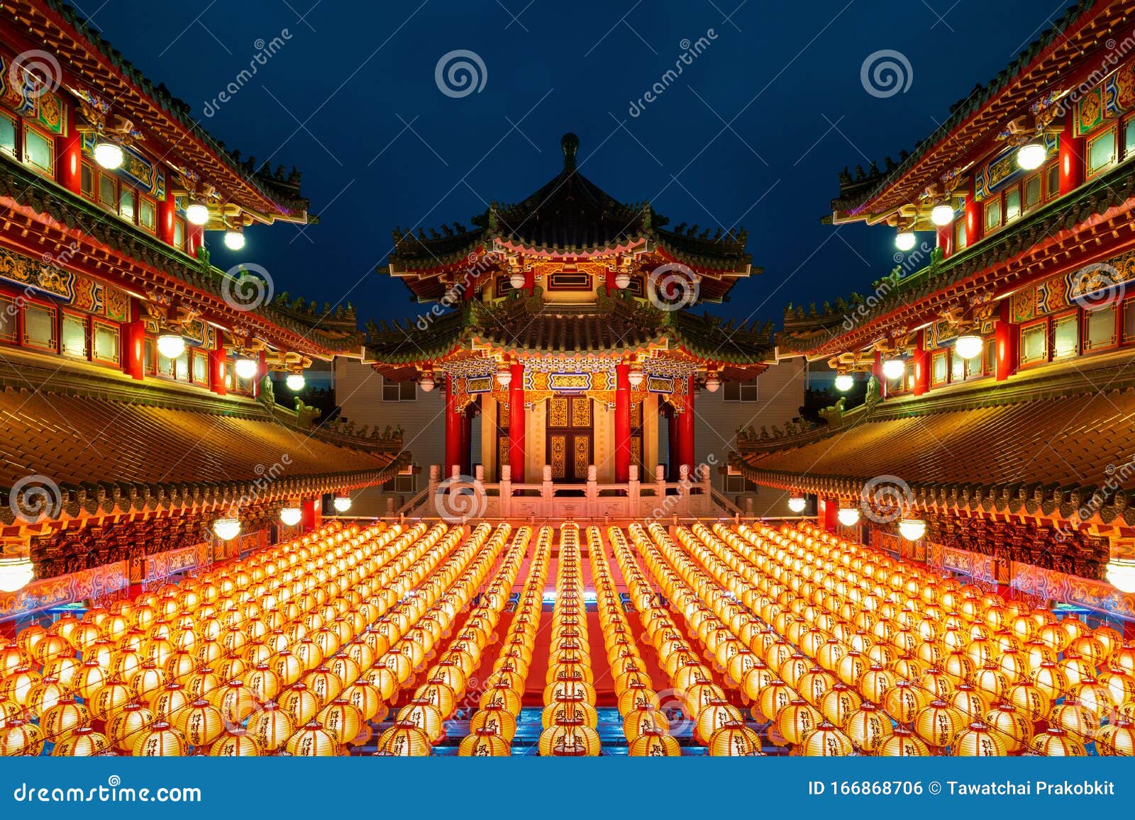 chinese new year, traditional chinese lanterns display in temple illuminated for chinese new year festival.