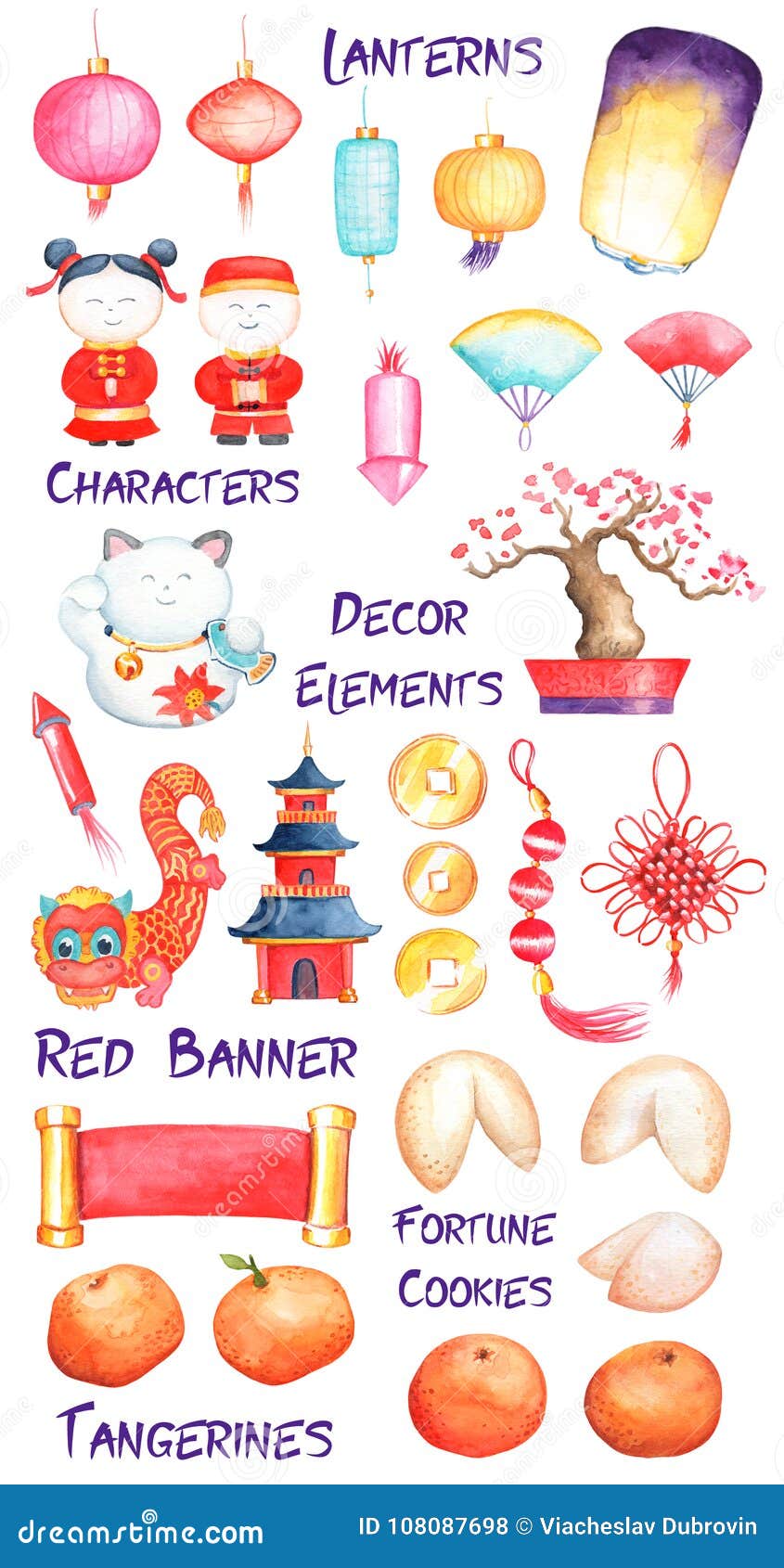 Hand drawn clipart lunar new year Stickers watercolor art elements Chinese new year Clipart,PNG china girl and boy CNY