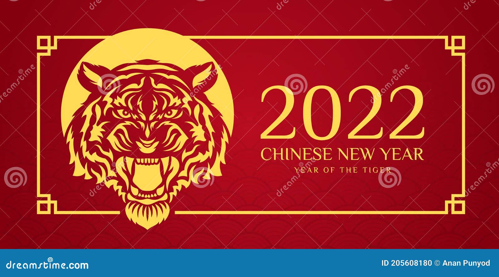 Chinese New Year 2022 Year Of The Tiger With Gold Head Roaring Tiger Zodiac Sign In China Frame On Red China Texture Background Stock Vector Illustration Of Modern Ferocious 205608180
