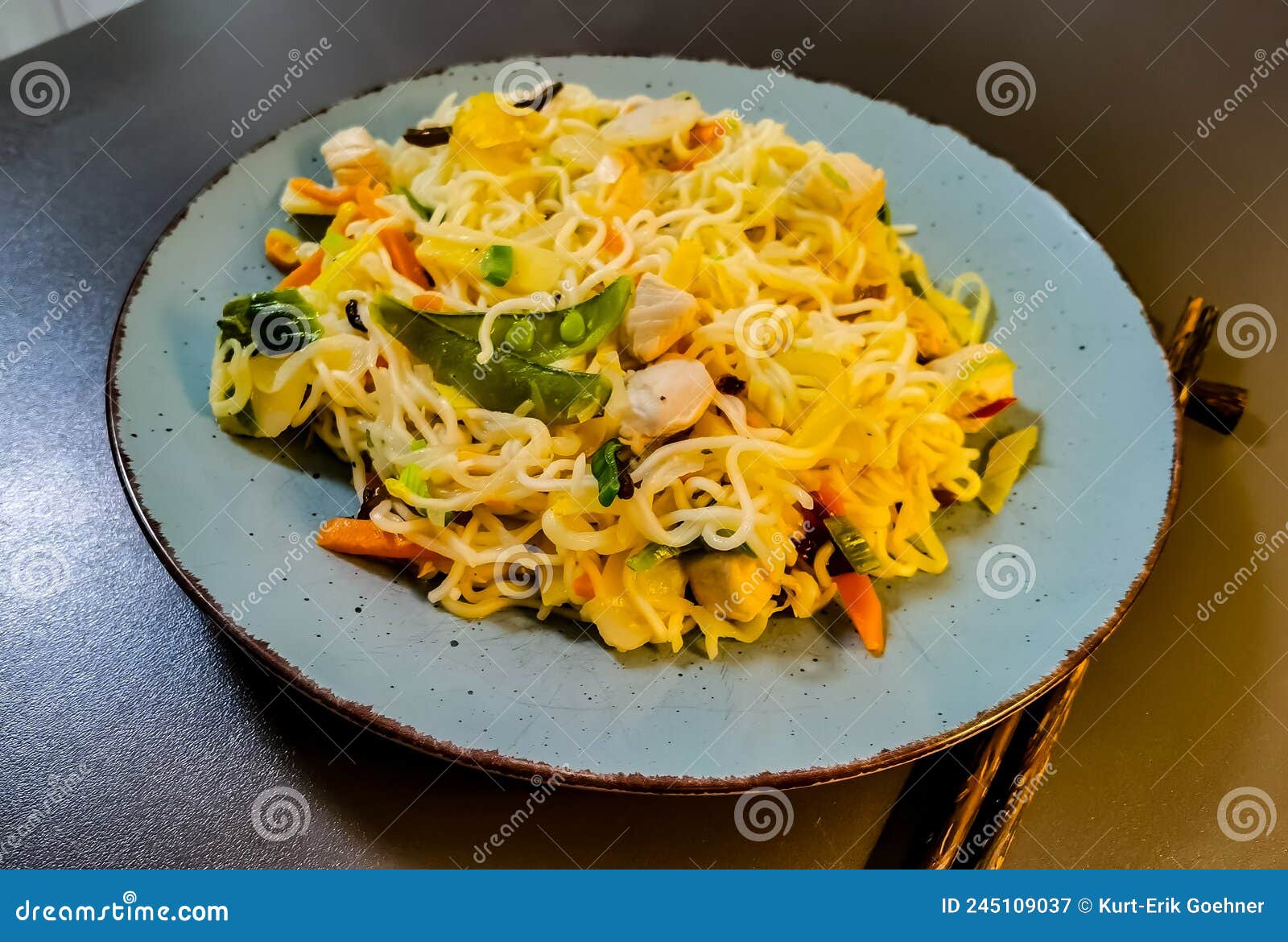 Chinese Noodles with Vegetables and Chicken Stock Image - Image of