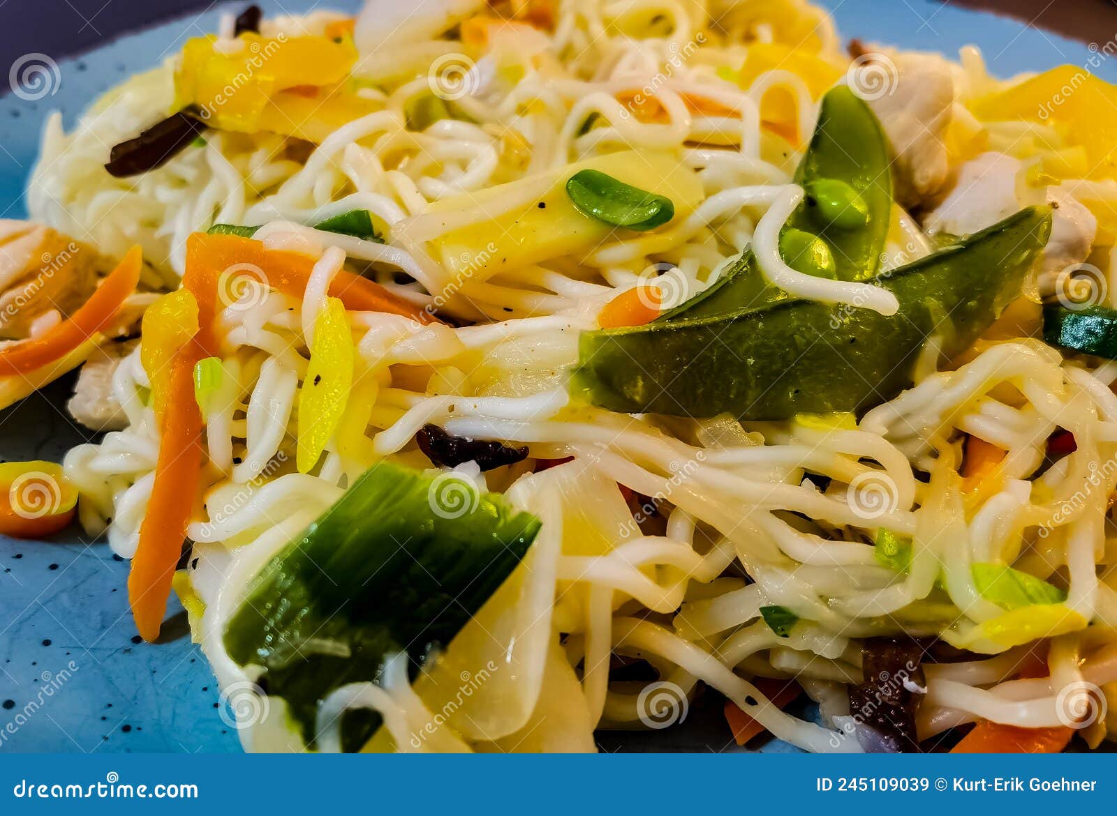 Chinese Noodles with Vegetables and Chicken Stock Image - Image of