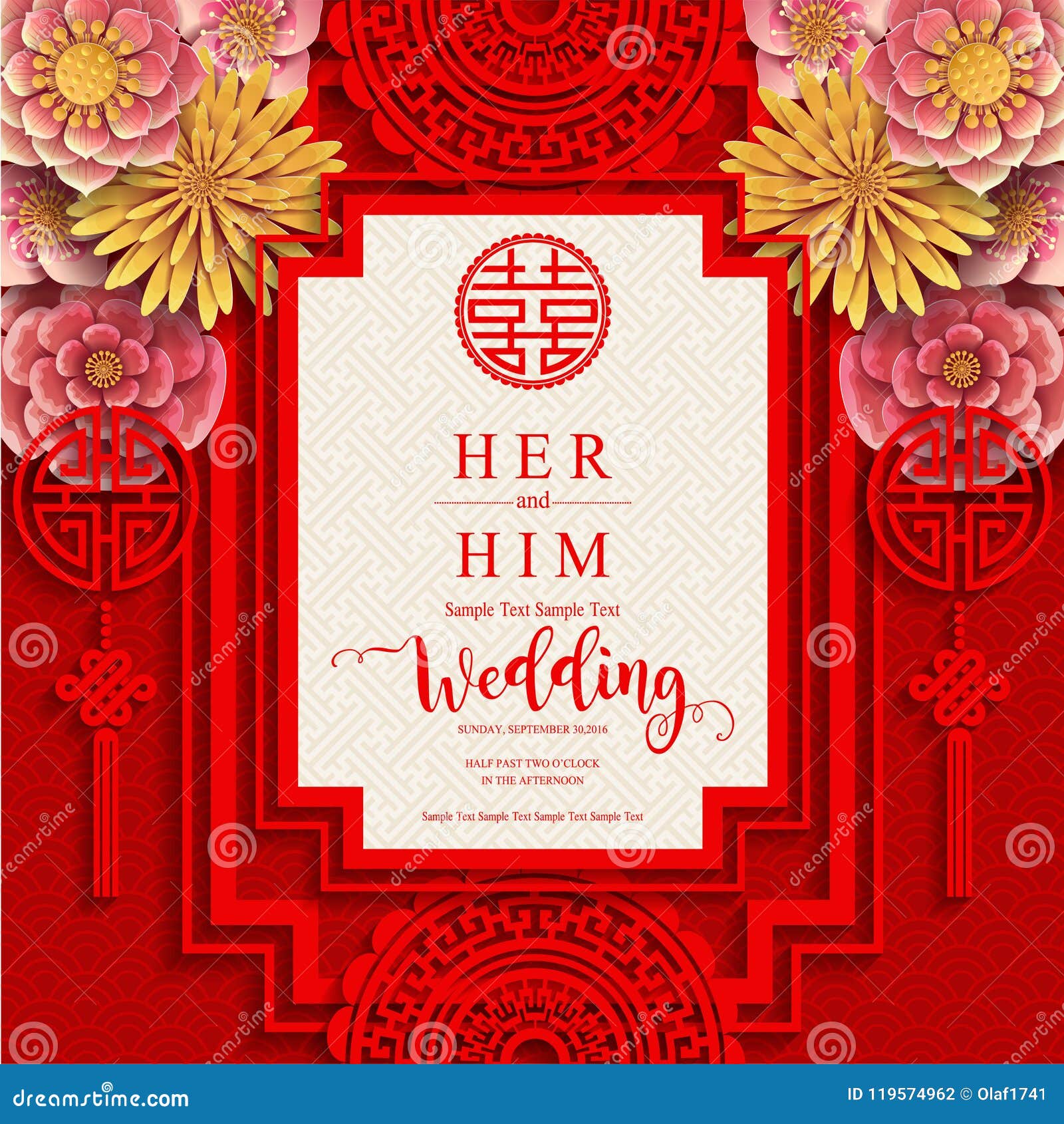 chinese oriental wedding invitation card. stock vector