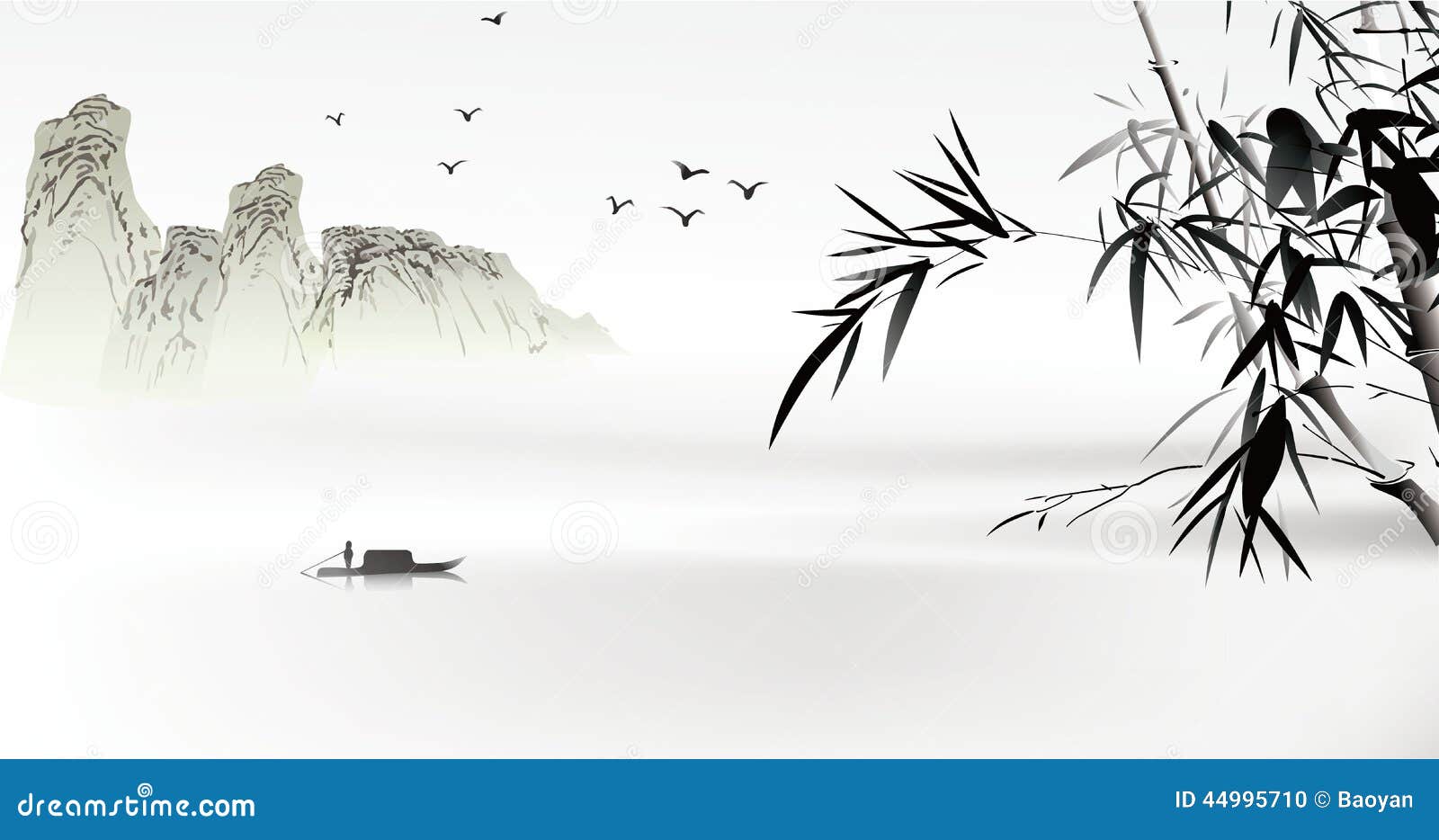 Traditional chinese ink painting with blue and black colors