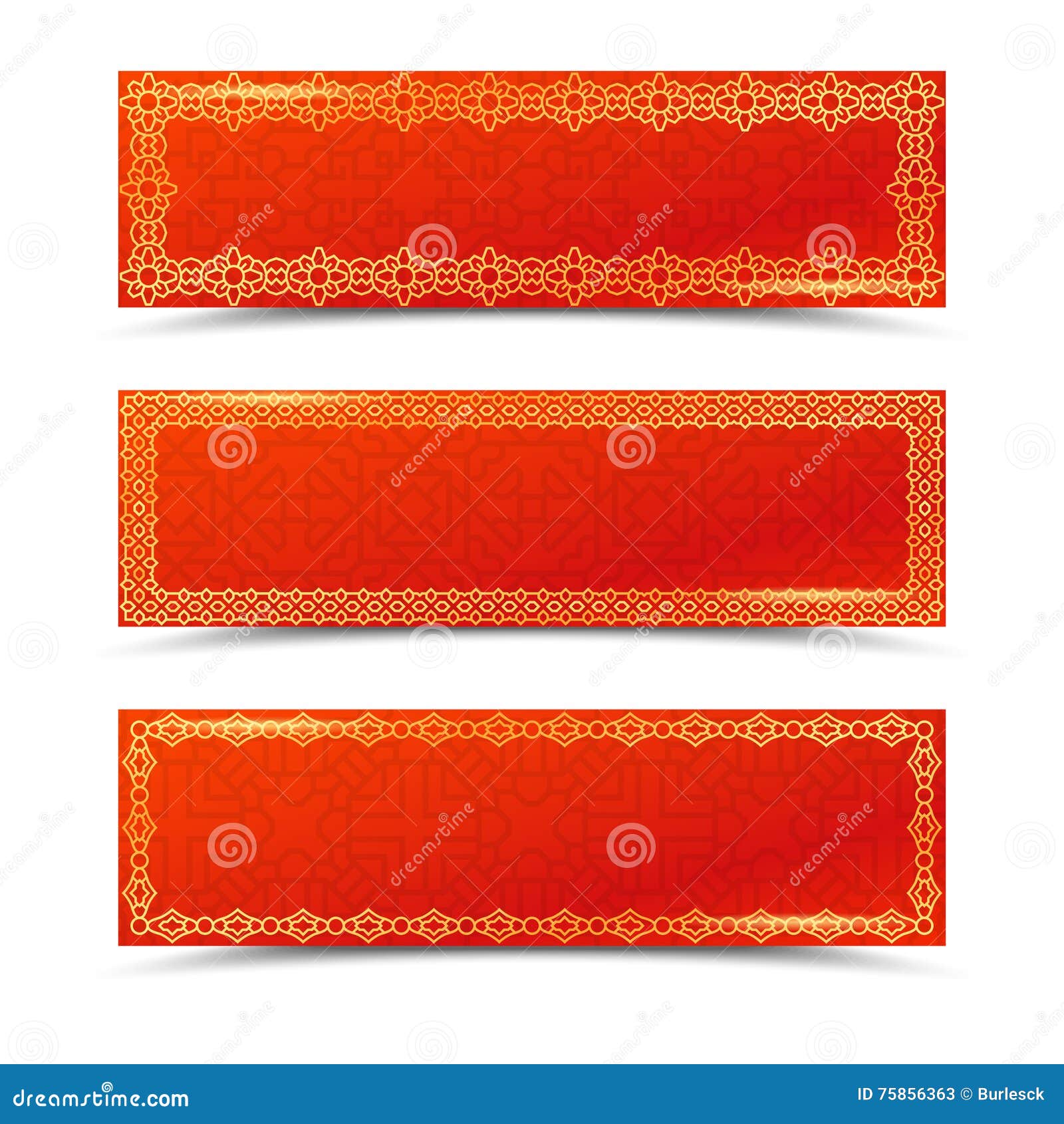 Chinese Red Horizontal Banners with Gold Borders. Vector Templates