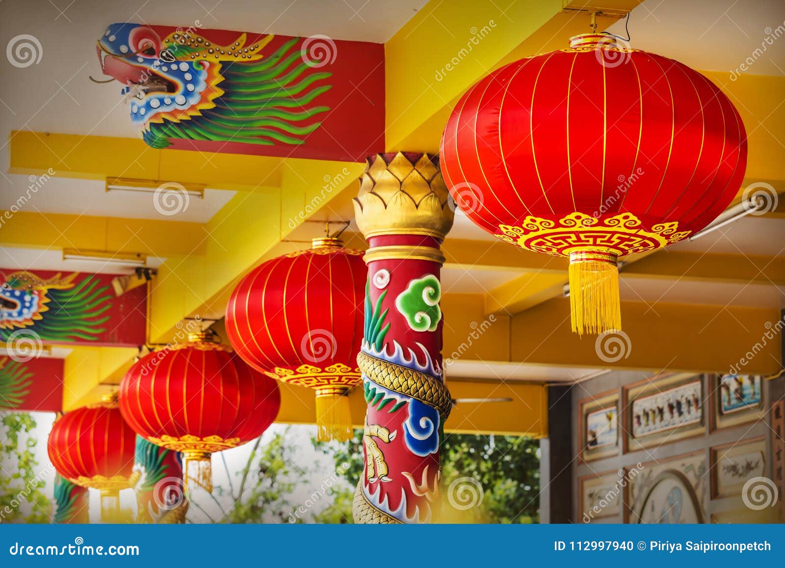 Chinese Red Paper Lanterns In Temple Hanging From The Ceiling