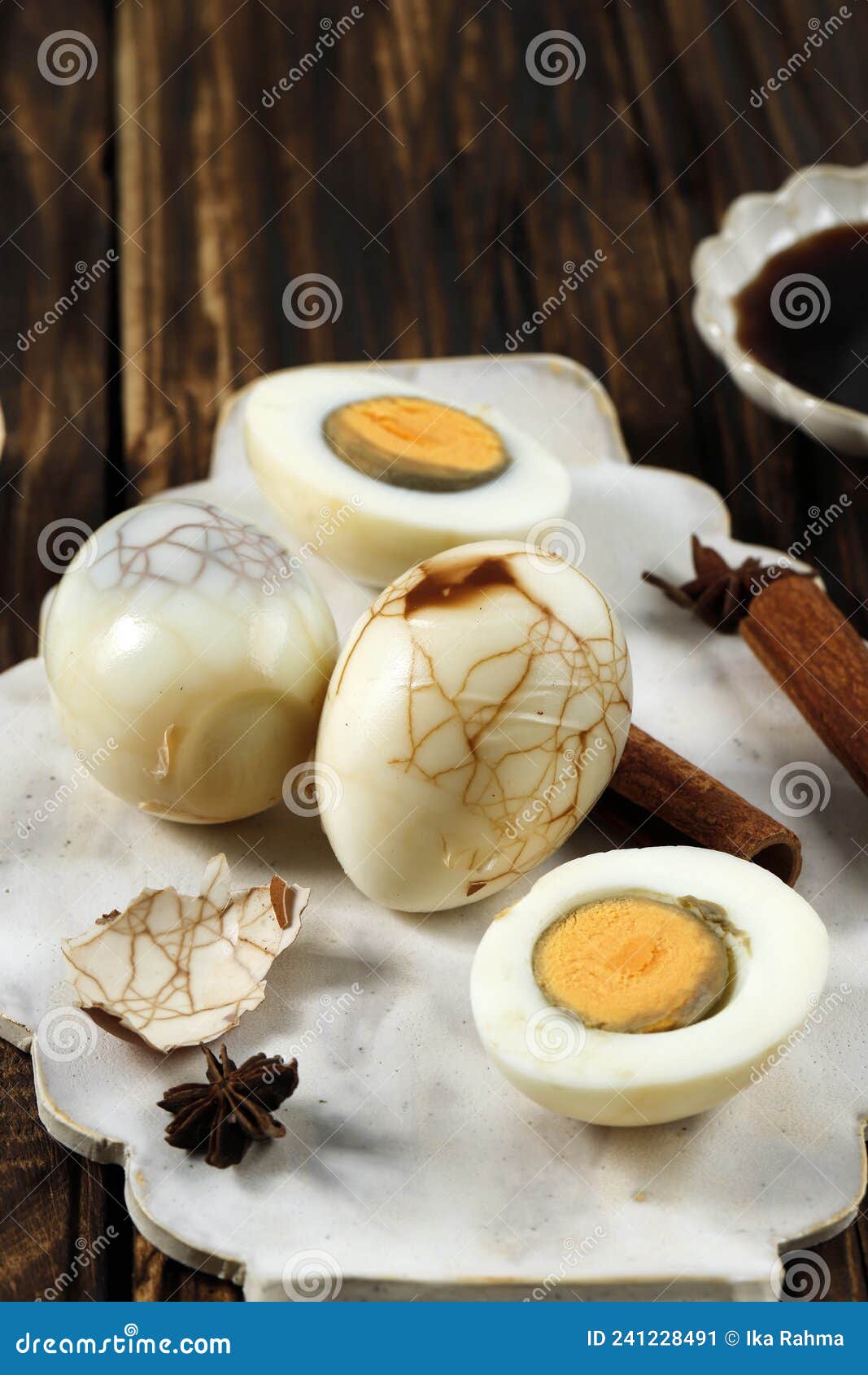 Chinese Tea Eggs, Cha Ye Dan, Black Tea Boiled Eggs in Spices Stock