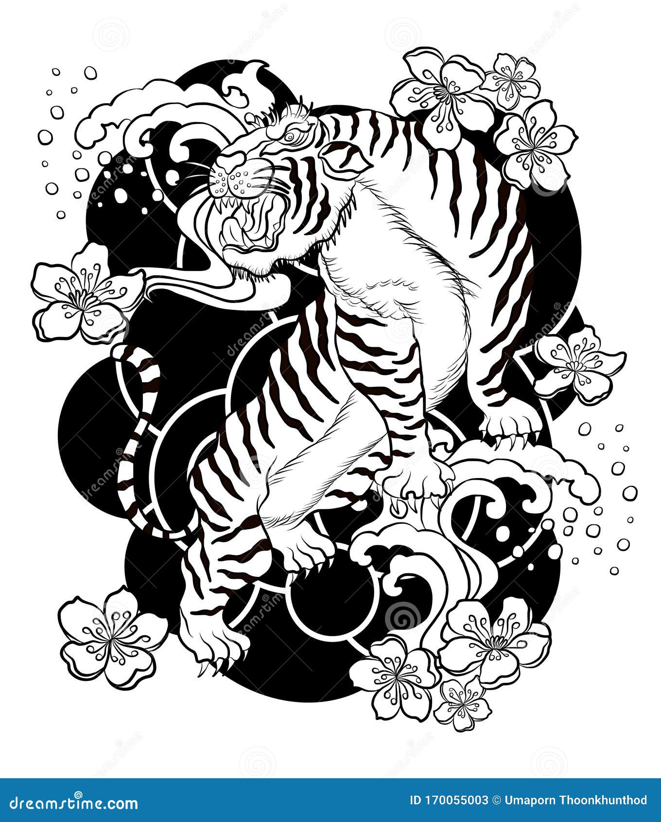 Chinese Tiger with Cherry Blossom and Japanese Wave for Tattoo Design. Stock Vector - Illustration of collection, apple: 170055003 Chinese Tiger with Cherry Blossom and Japanese Wave for Tattoo Design. Stock Vector - Illustration of collection, apple: 170055003