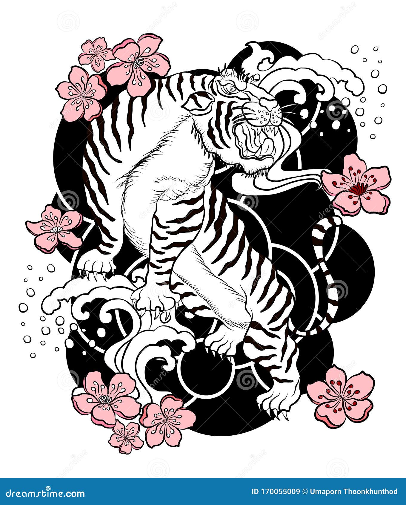 Chinese Tiger with Cherry Blossom and Japanese Wave for Tattoo Design. Stock Vector - Illustration of drawn, collection: 170055009 Chinese Tiger with Cherry Blossom and Japanese Wave for Tattoo Design. Stock Vector - Illustration of drawn, collection: 170055009