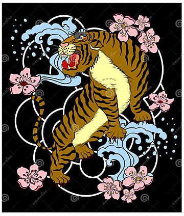 Chinese Tiger with Cherry Blossom and Japanese Wave for Tattoo Design ...