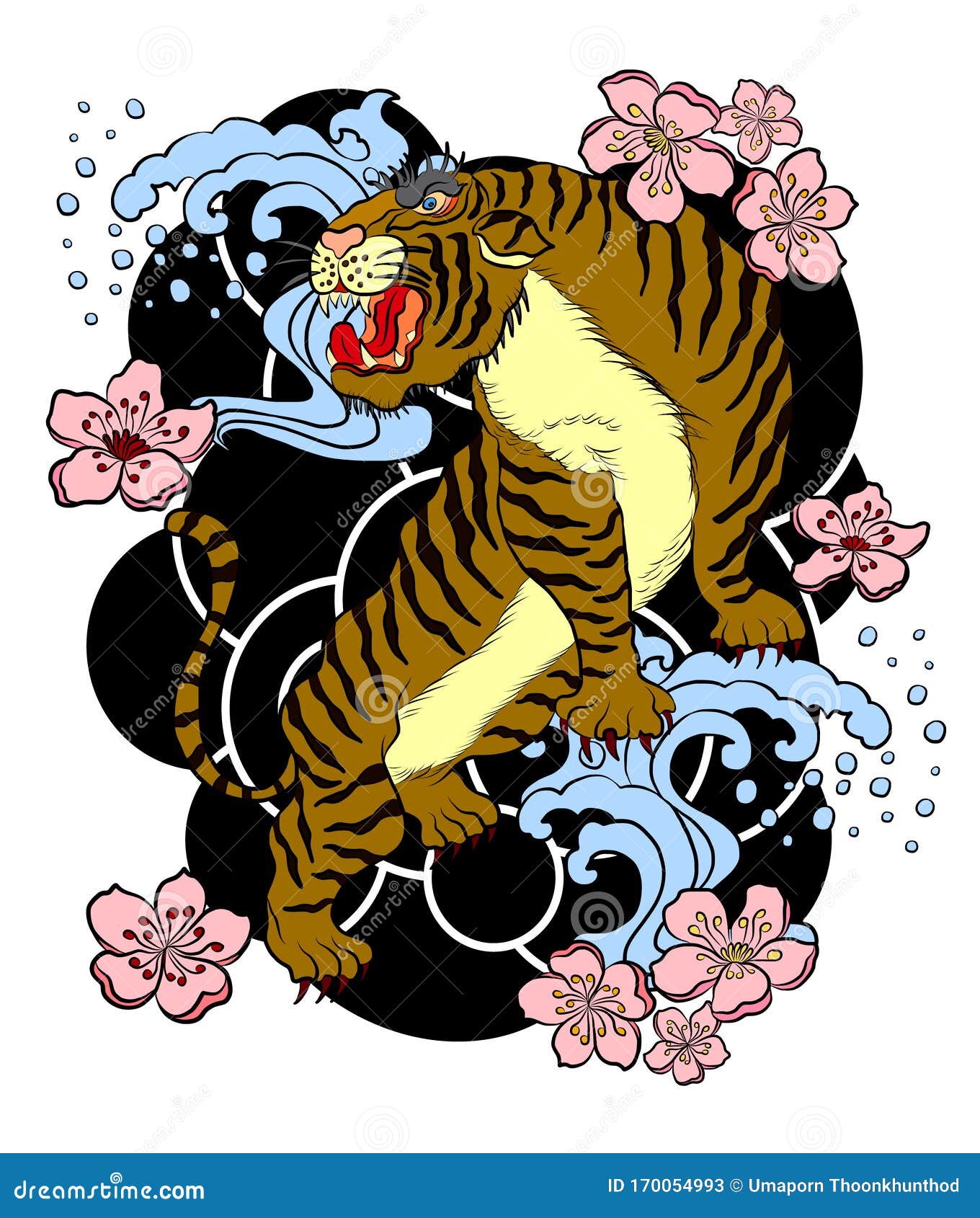 Chinese Tiger with Cherry Blossom and Japanese Wave for Tattoo Design ...