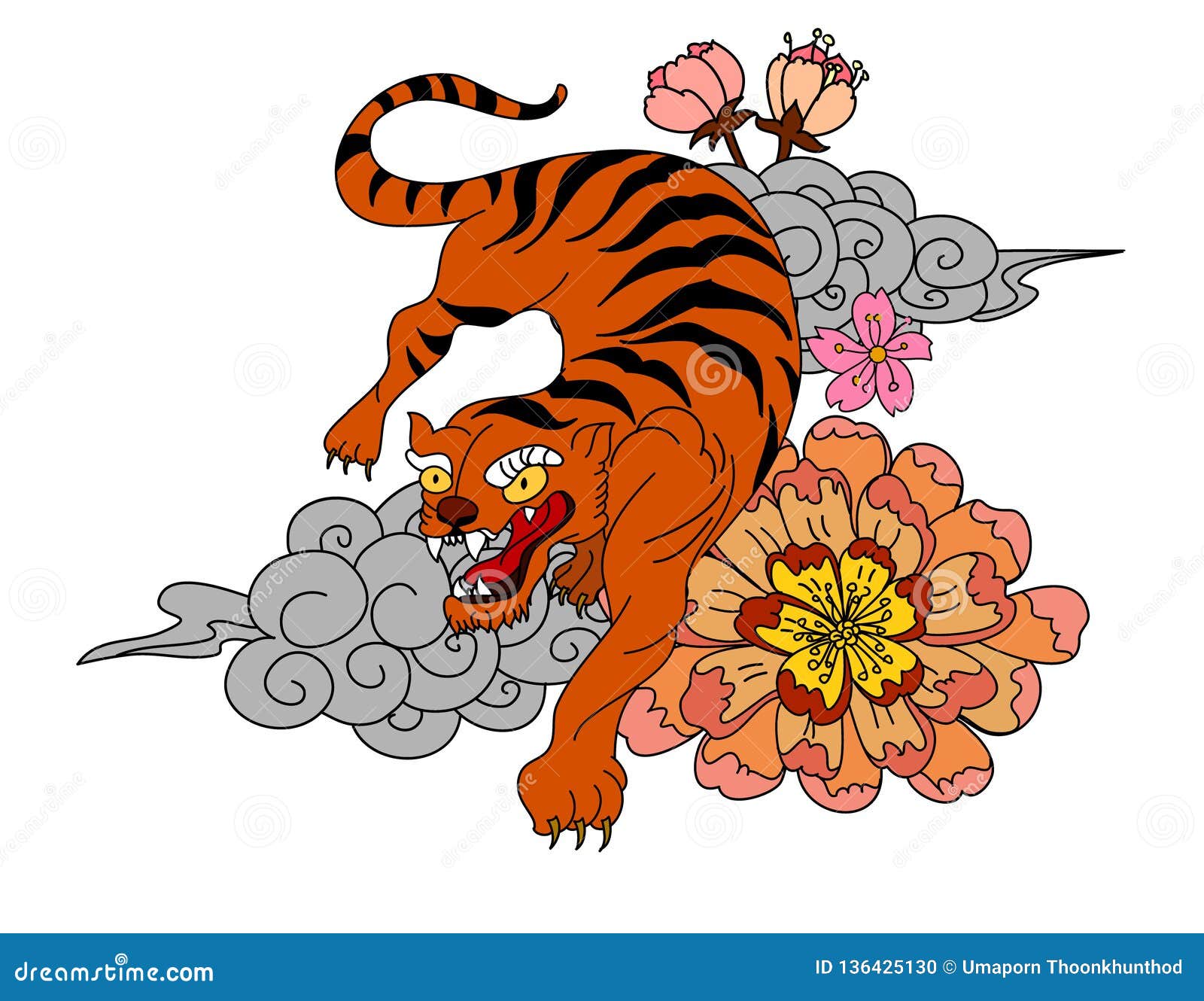 Chinese Tiger with Sakura Flower and Water Splash Tattoo.Illustration ...
