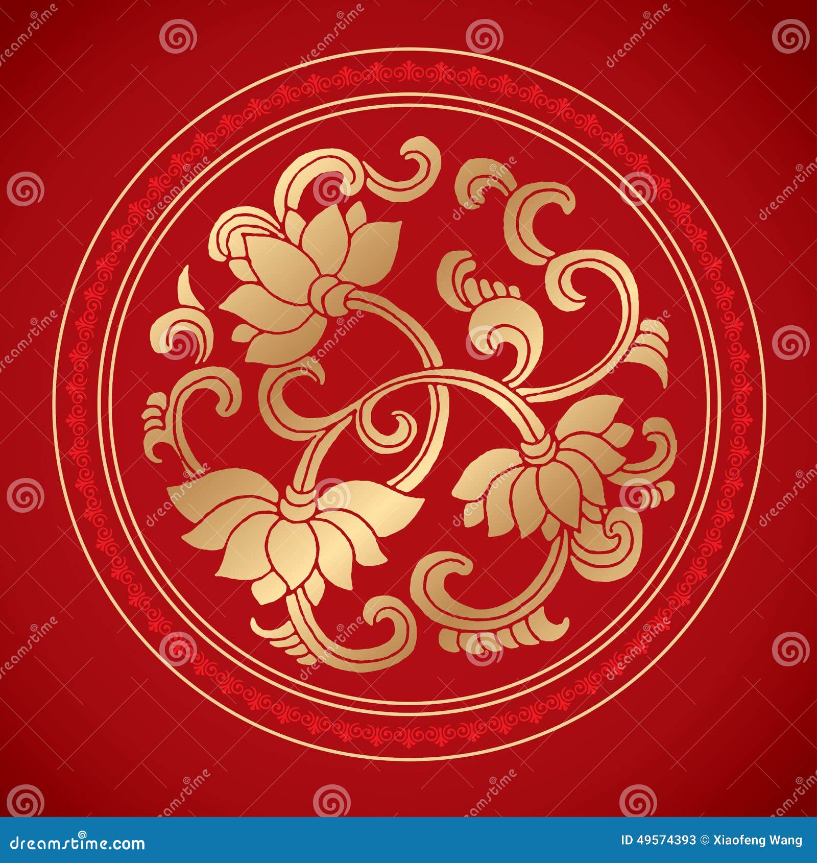 Chinese Vintage Lotus Elements on Classic Red Background Stock