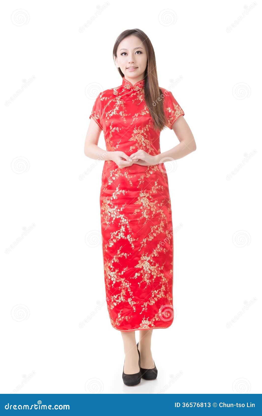 Chinese Woman Dress Red Cheongsam Stock ...