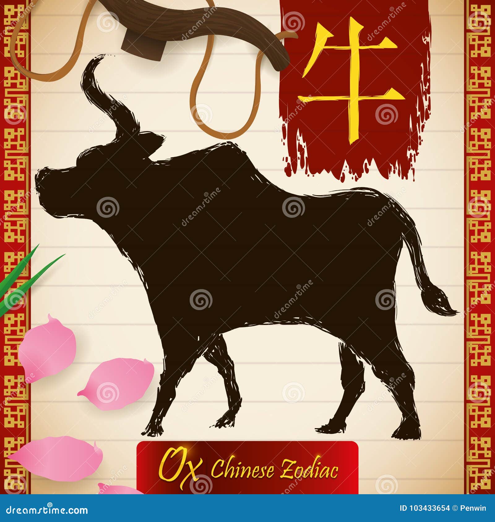Chinese Zodiac Animal: Ox in Brushstrokes, Petals, Grass and Yoke, Vector  Illustration Stock Vector - Illustration of astrology, oriental: 103433654