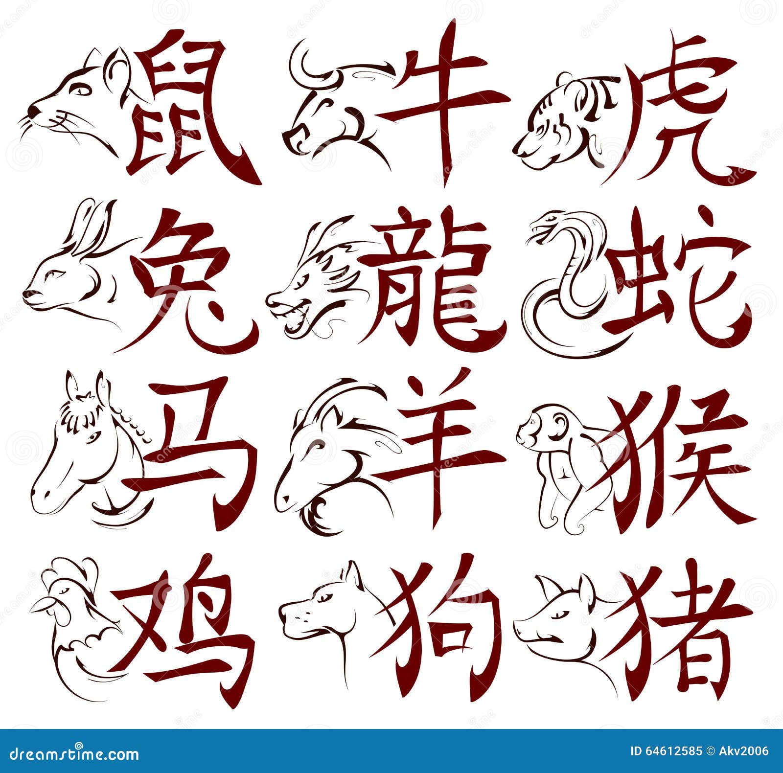 chinese zodiac signs hieroglyphs set ink sketches calligraphic each 64612585