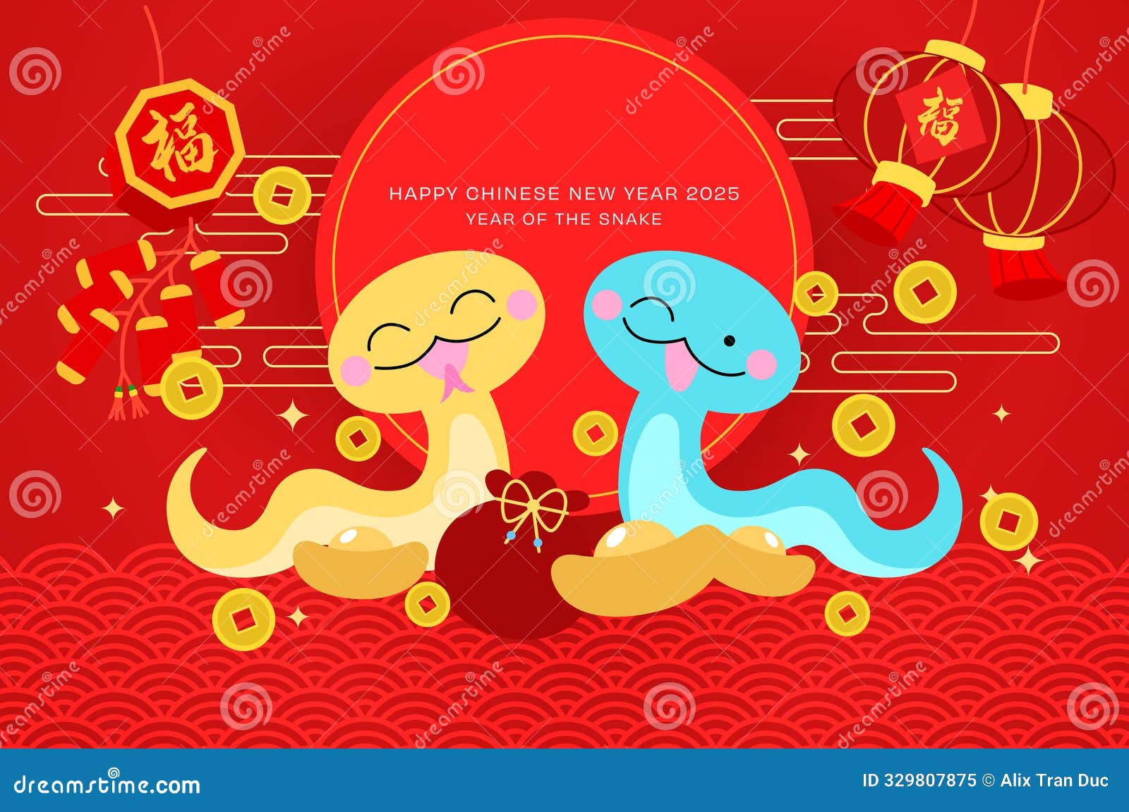 chinese-zodiac-snakes-pair-couple-with-oriental-decorative-elements