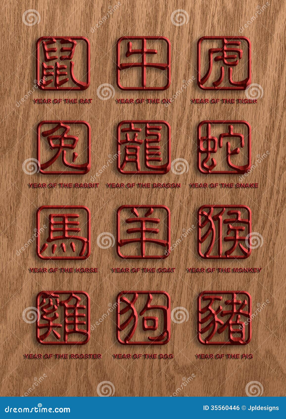 12 Chinesische TierkreisTierHolzZeichen Stock Abbildung