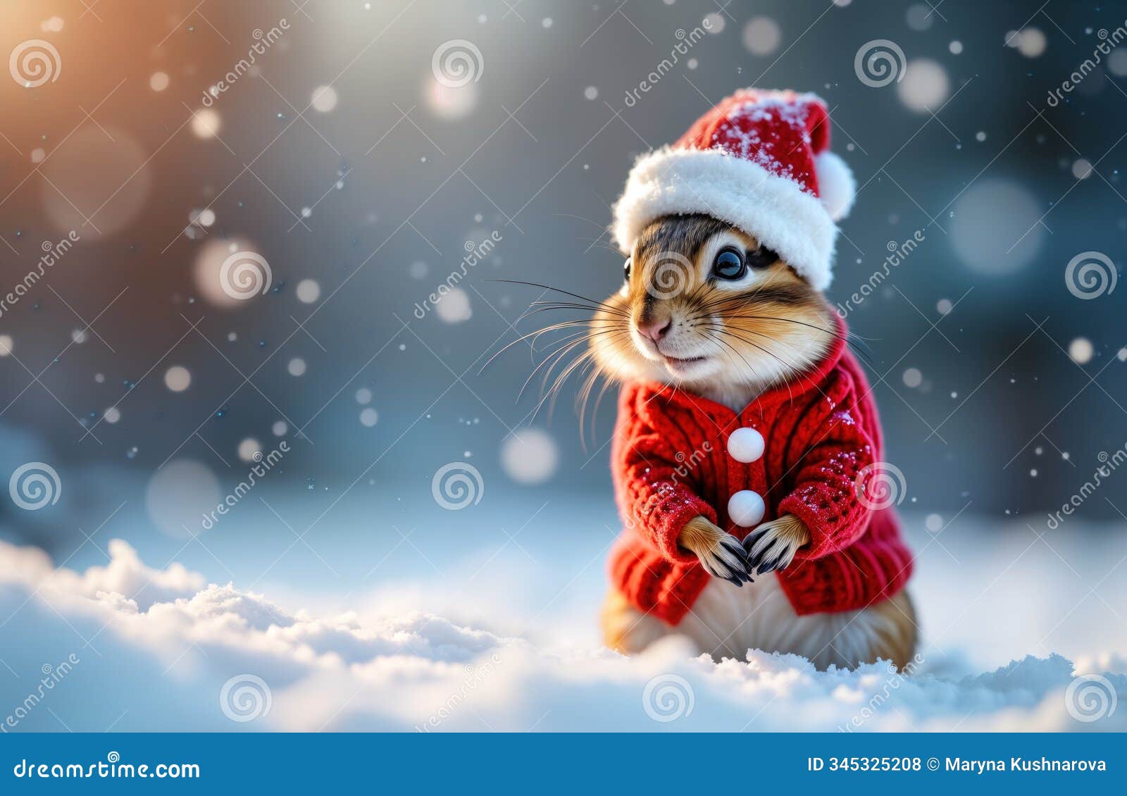 chipmunk in a santa claus costume stands in the snow. adorable animal wears a red sweater, white hat. winter holiday themed image