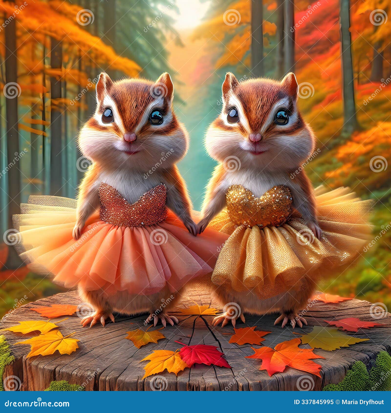 chipmunks wearing ballerina tutus in autumn forest