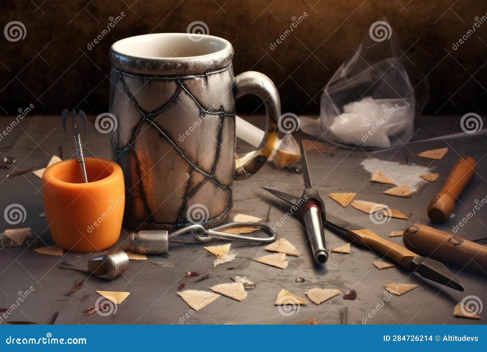 Chipped Mug Next To Repair Tools and Materials Stock Photo Image of