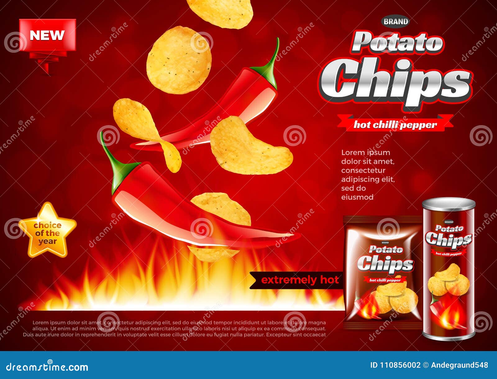 Chips Ads. Hot Chili Pepper Falling into Fire Vector Background Stock