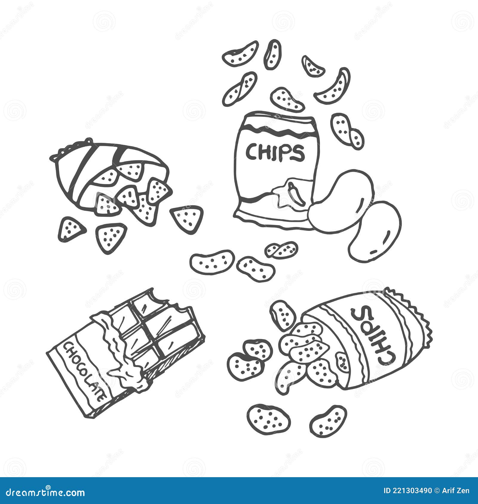Spilled Of Chips Illustration On White Background. Pile Of Potato Chips