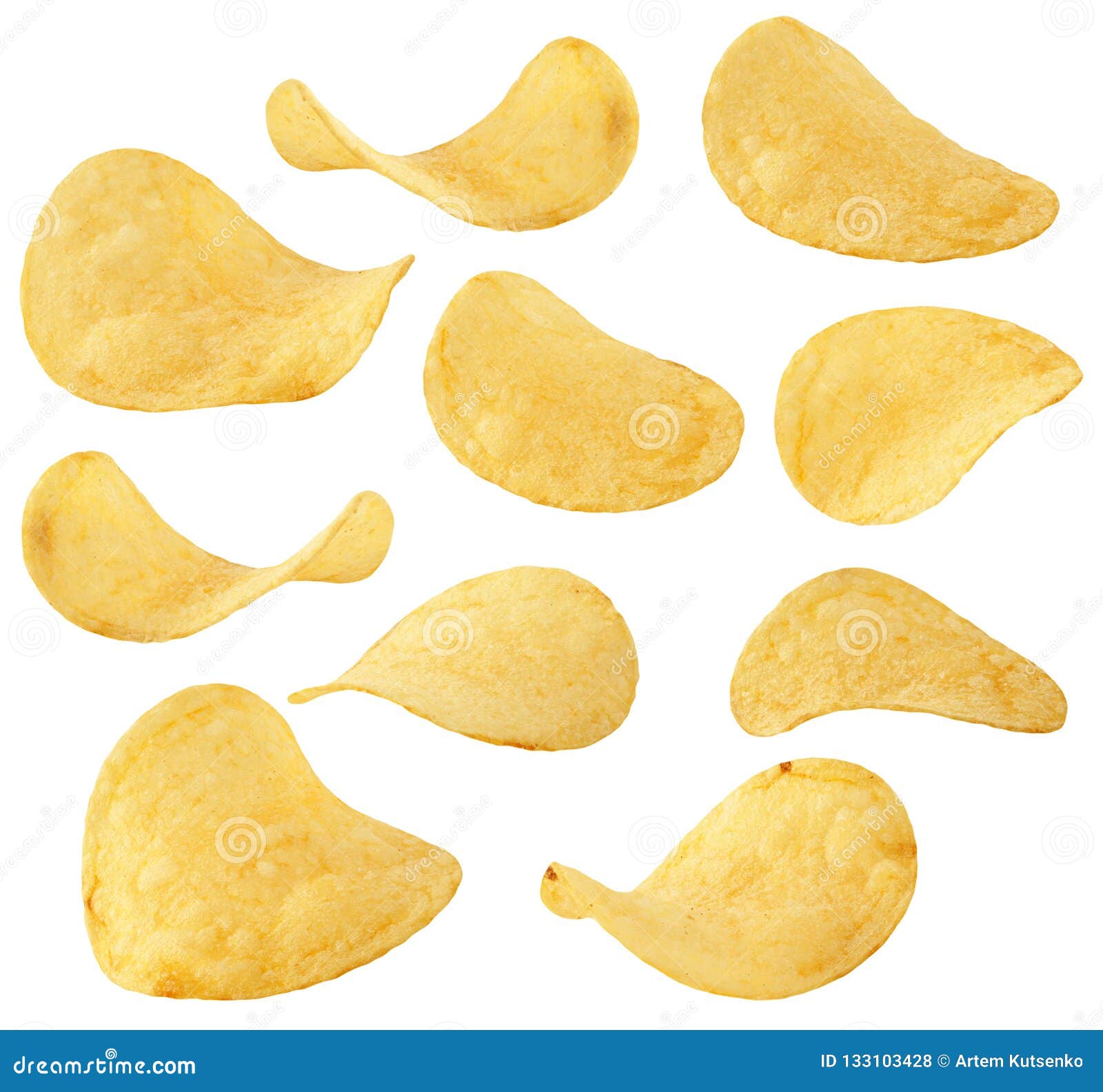Chips Collection. Potato Chips in Different Position and Angle Isolated