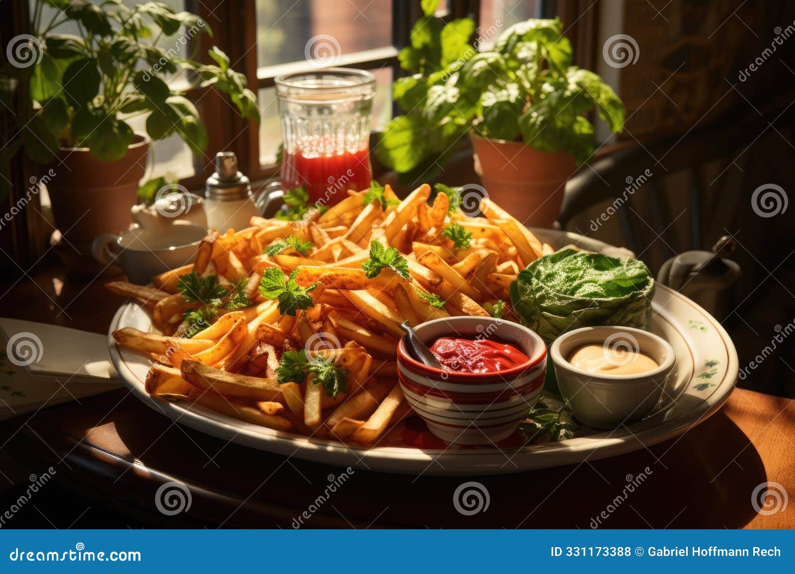chips and ketchup sauce in the cafÃ¯Â¿Â½ry restaur
