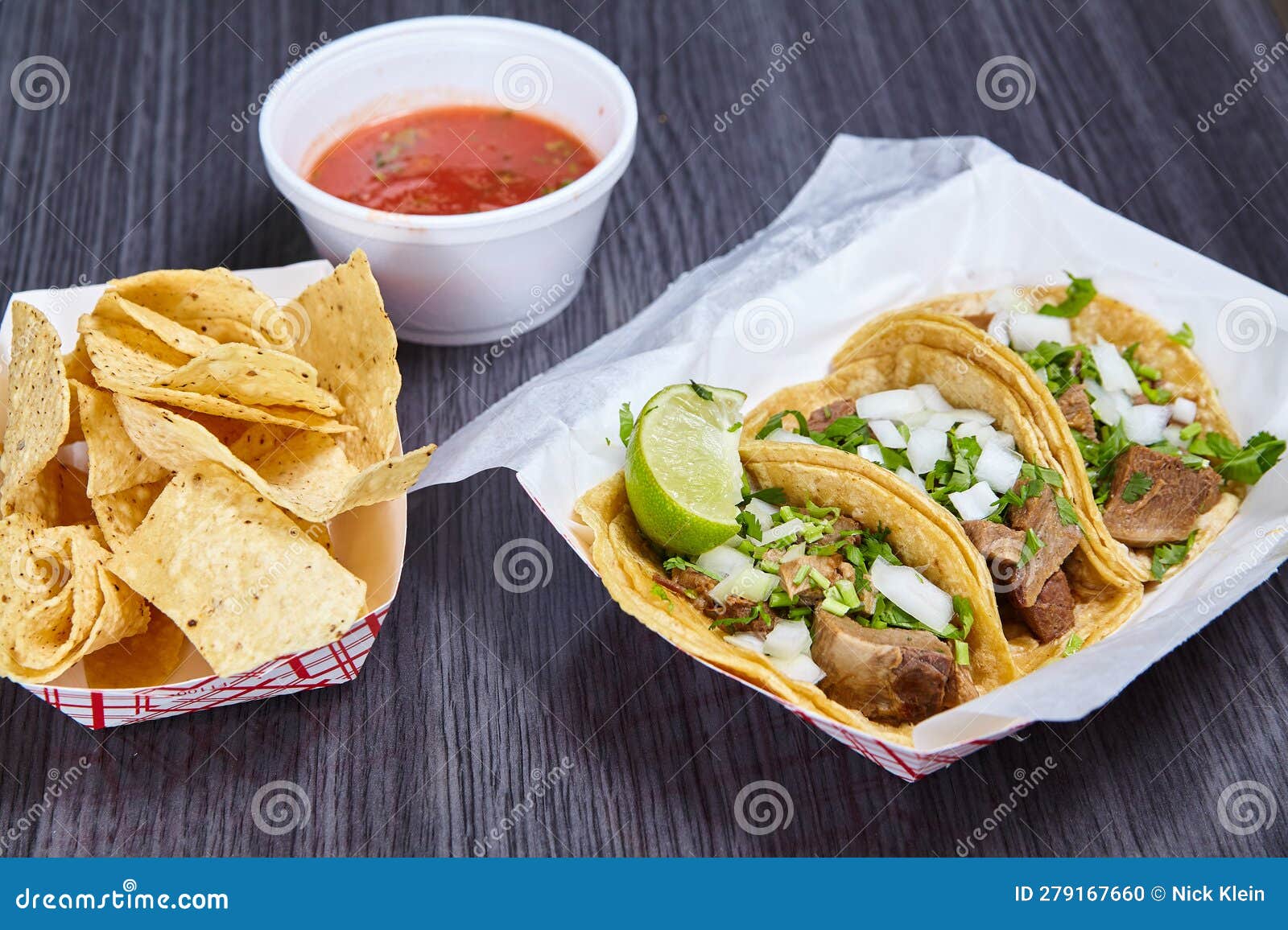chips red salsa street taco meal 3 corn tortilla lengua cow beef tongue mexican lime wedge