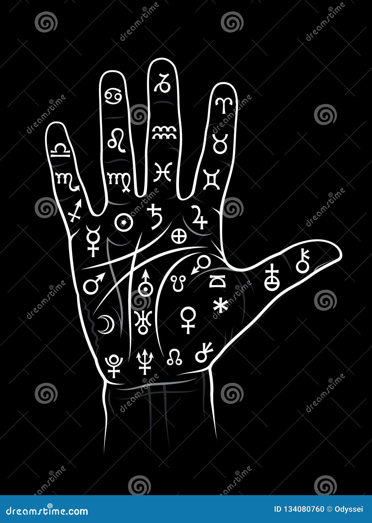 Chiromancy and Palmistry (Chart with Signs and Symbols) Stock Vector(03)