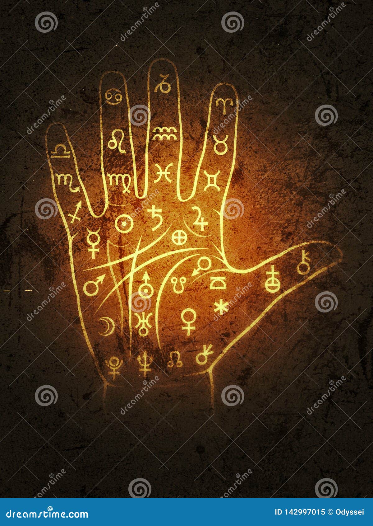Chiromancy and Palmistry (Chart with Signs and Symbols) Stock(04)