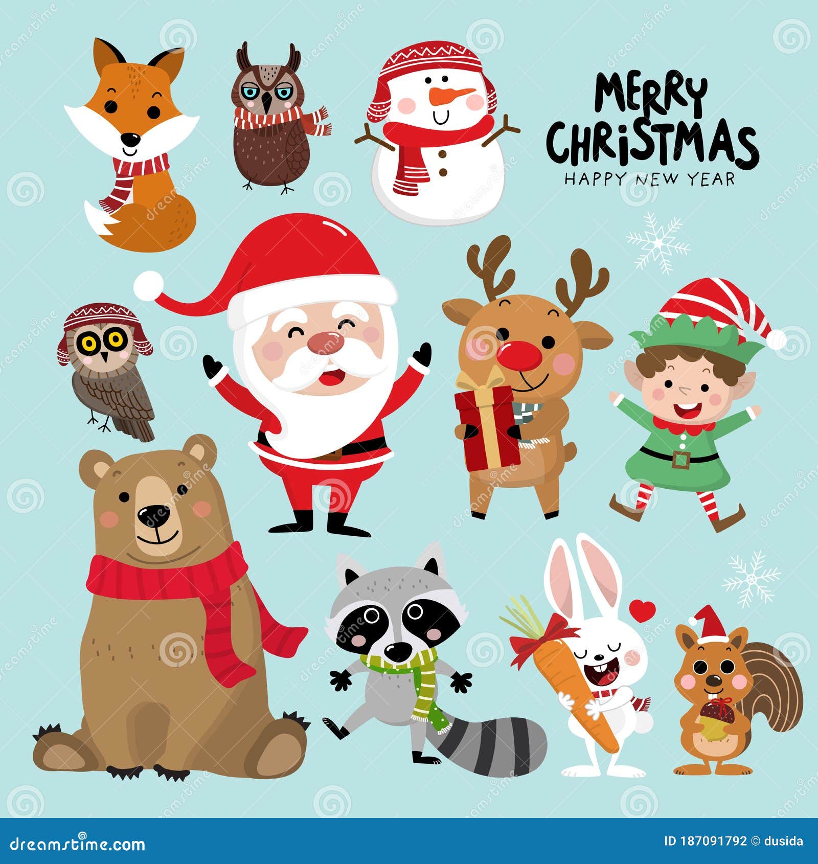 Cute Forest Animals and Santa Claus in Christmas Holidays. Wildlife Cartoon  Character Set Stock Vector - Illustration of holiday, bear: 187091792