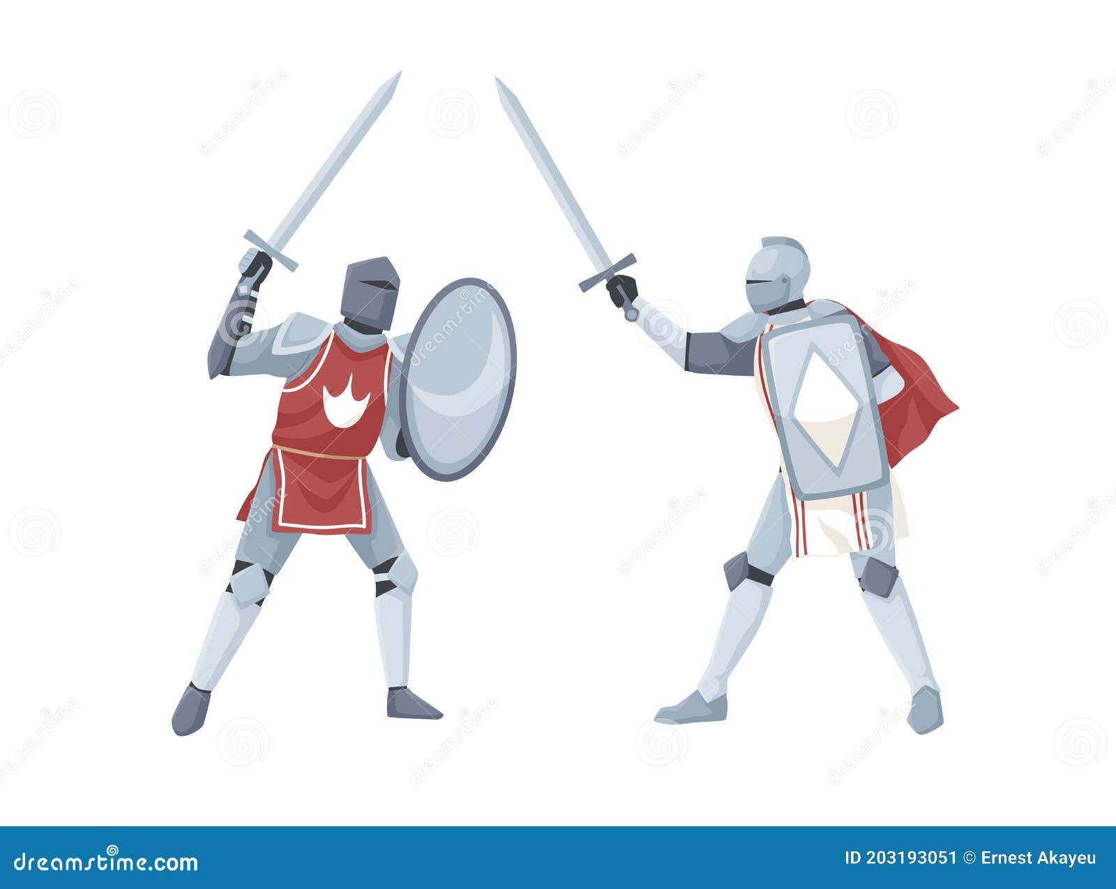 Two knights in armor fighting a duel with lances in a