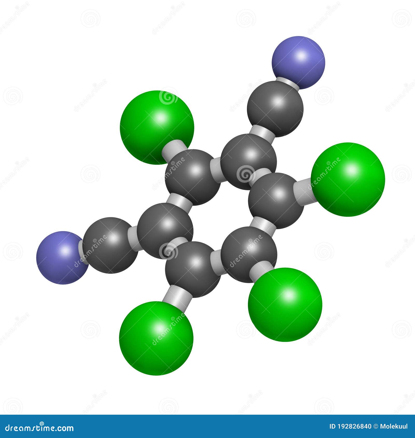 chlorothalonil pesticide molecule. 3d rendering. atoms are represented as spheres with conventional color coding: carbon grey,