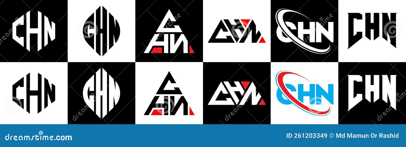 chn letter logo  in six style. chn polygon, circle, triangle, hexagon, flat and simple style with black and white color