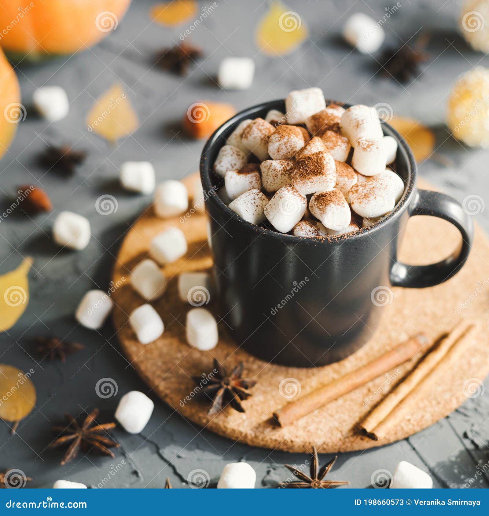 Chocolat Chaud Avec Mini Guimauves Avec De La Poudre De Cacao Servie Avec  Des Bâtons De Cannelle Et D'anis étoilé Dans Un Gobelet Image stock - Image  du humeur, inspiration: 198660573