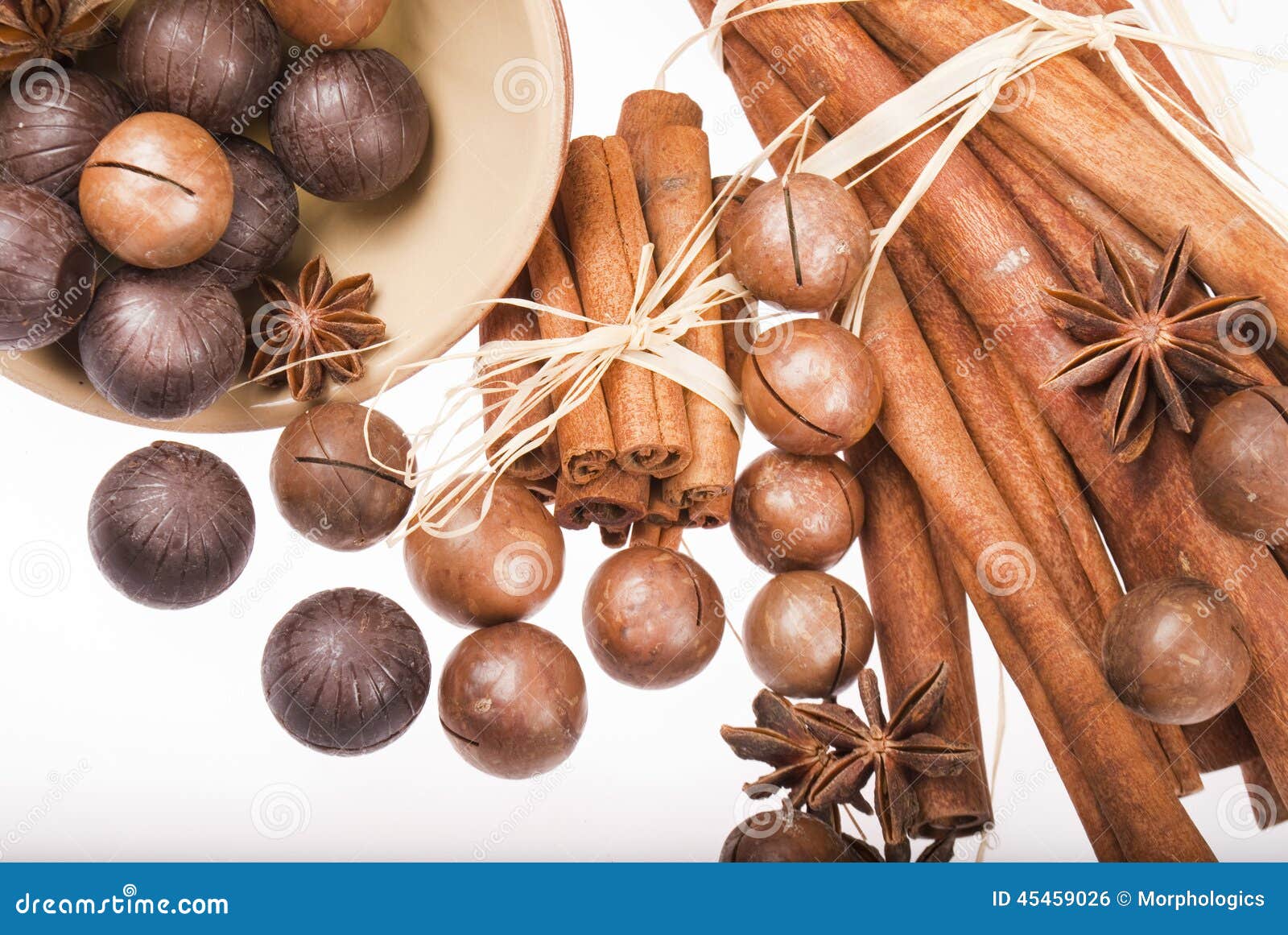 Chocolate Balls Cinnamon Sticks and Macadamia Nuts Stock Photo Image