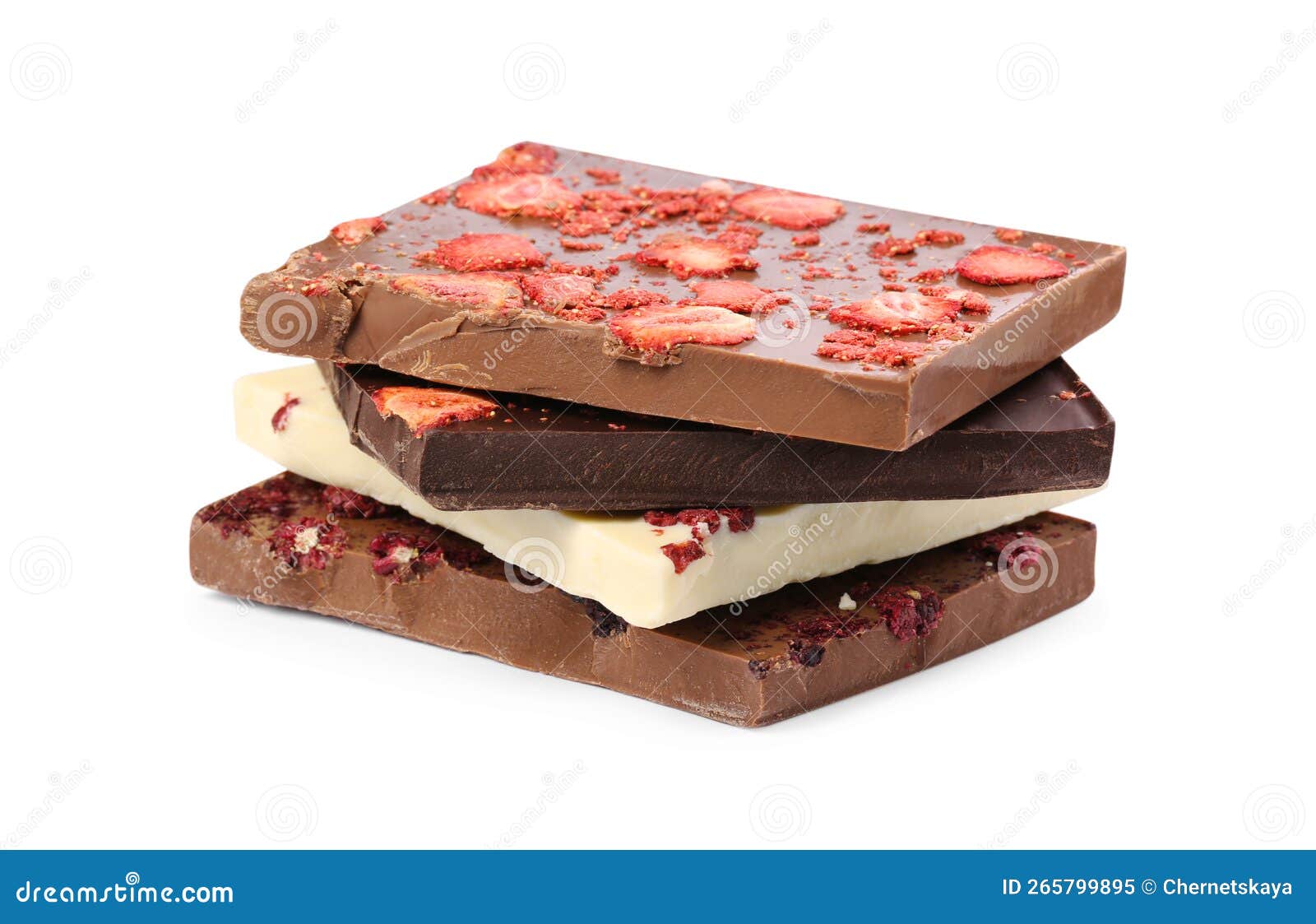Chocolate Bars with Freeze Dried Strawberries on White Background Stock