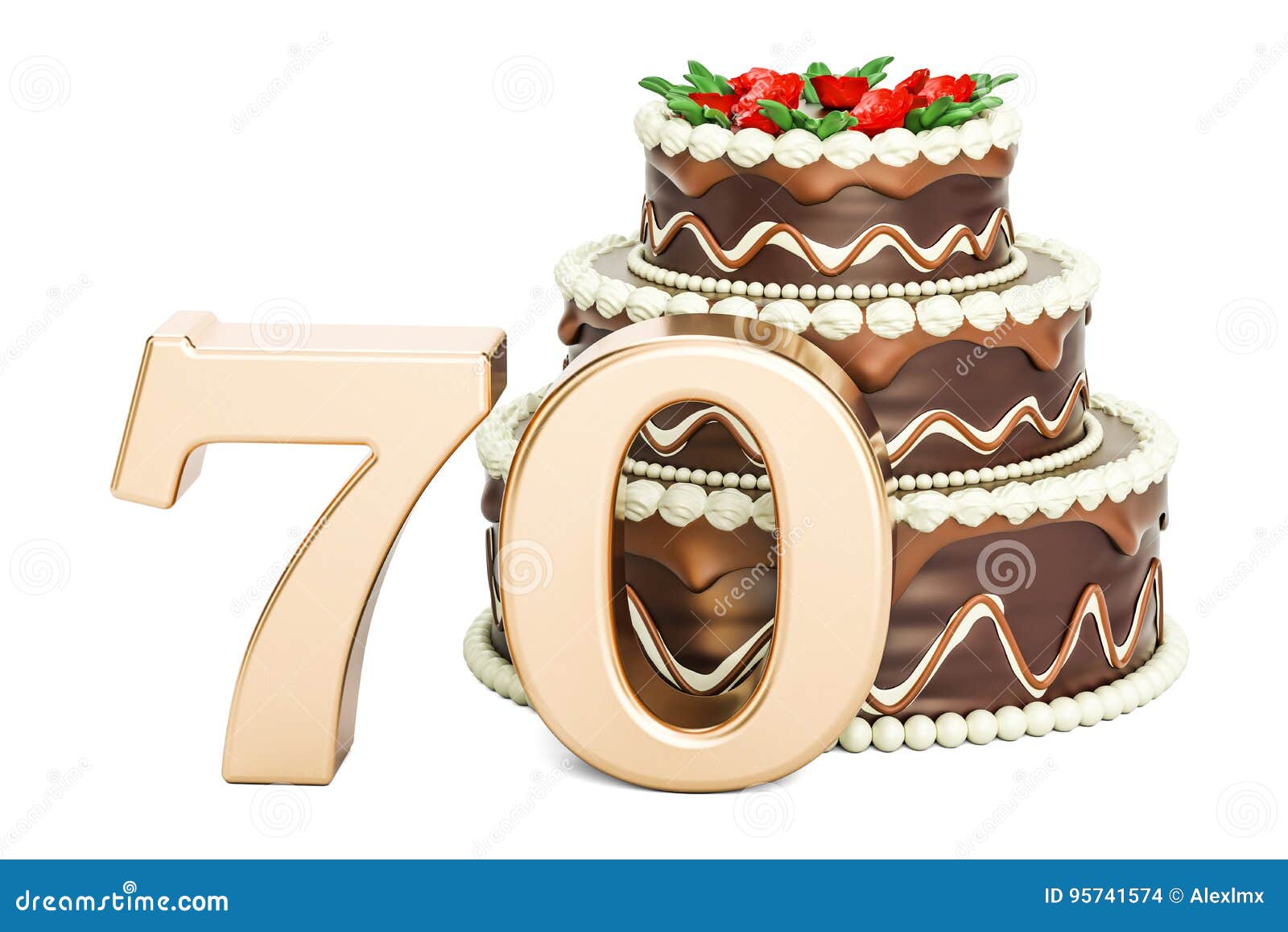 Chocolate Birthday Cake With Golden Number 70 3d Rendering Stock Illustration Illustration Of Flower Event