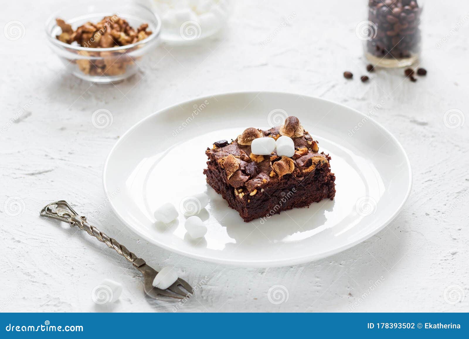 Chocolate Brownie Cake with Marshmallows and Nuts Stock Photo Image