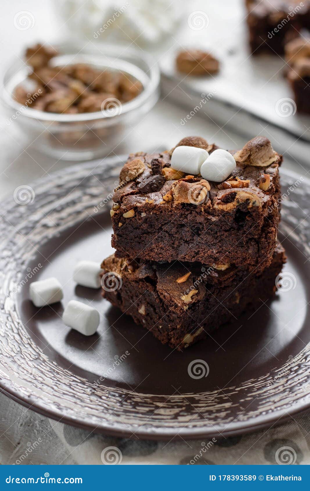 Chocolate Brownie Cake with Marshmallows and Nuts Stock Image Image