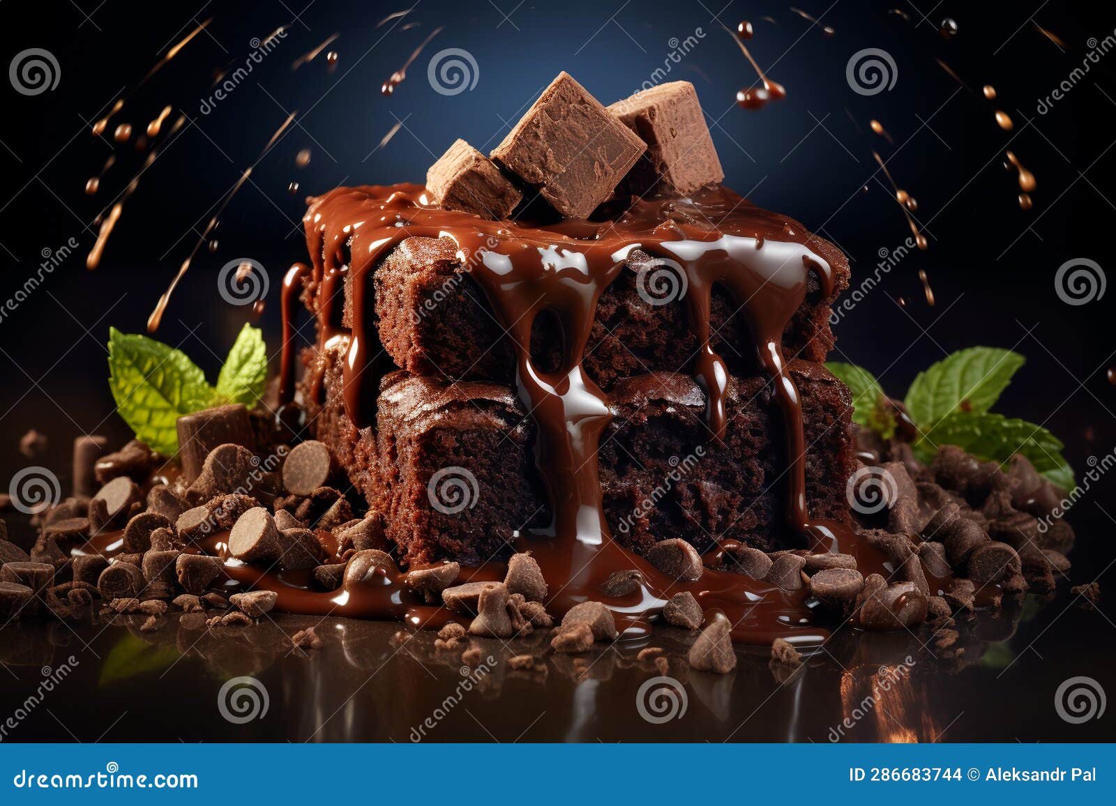 Chocolate Brownie with Melted Chocolate Chips.ai Generative Stock Photo