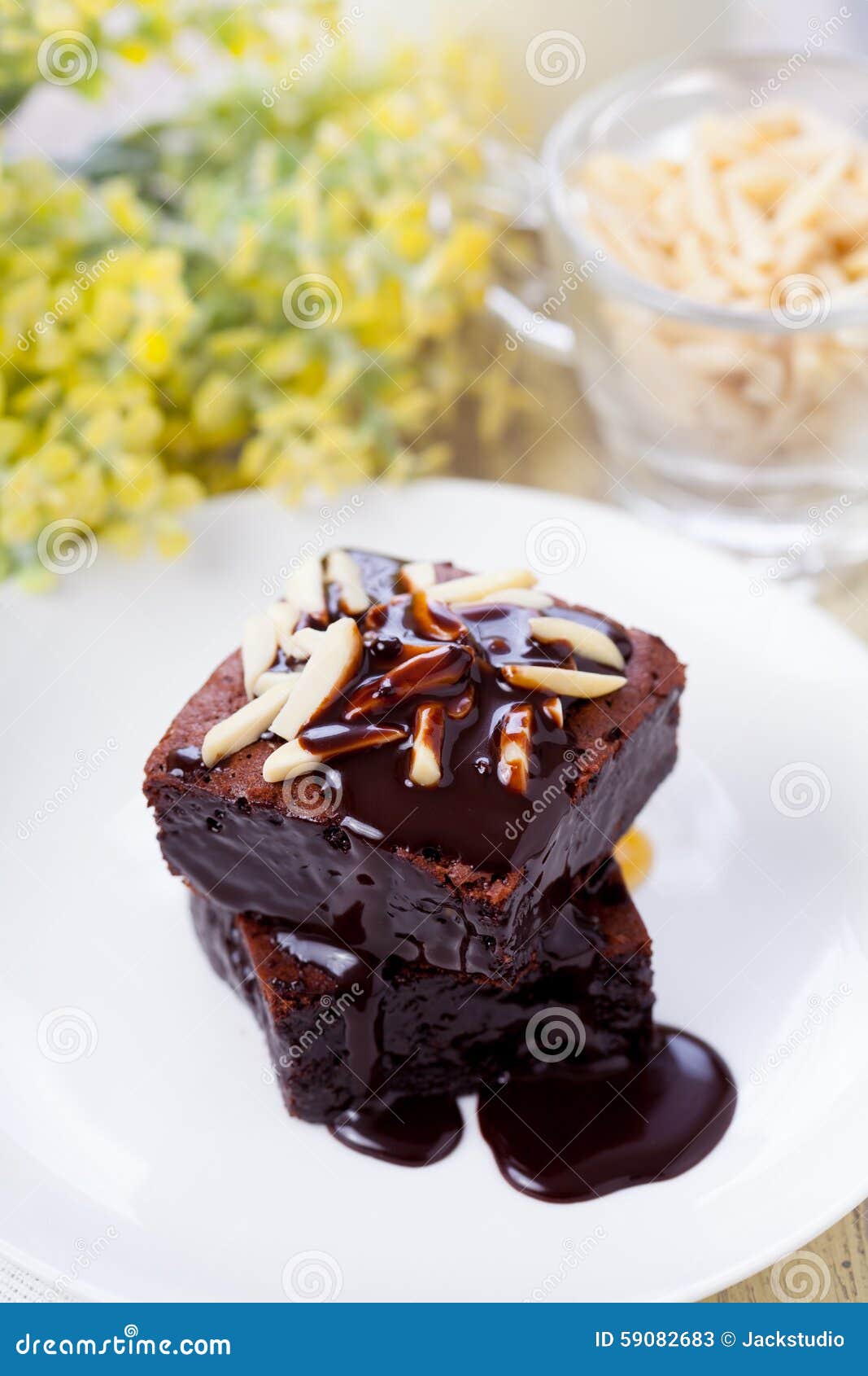 Chocolate Brownies with Almond and Hot Chocolate Stock Image Image of