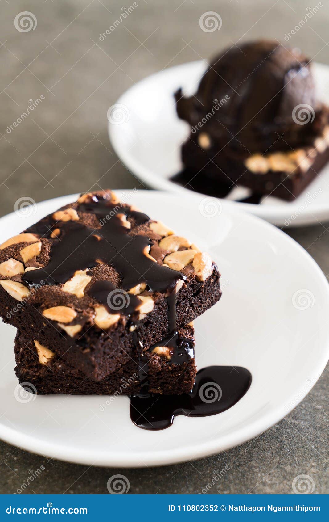 Chocolate Brownies with Chocolate Sauce Stock Photo Image of white