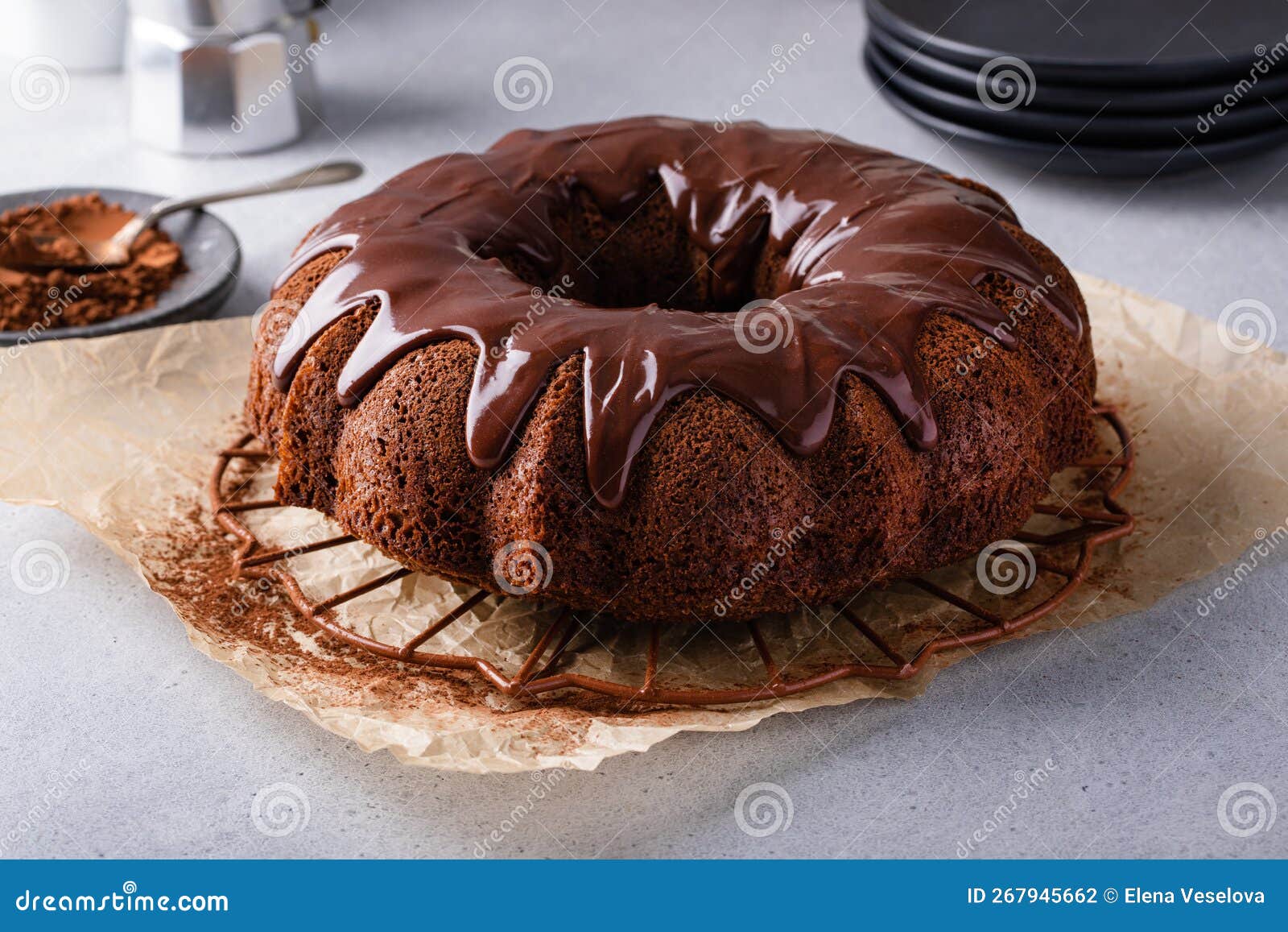 Chocolate Bundt Cake with Chocolate Ganache Glaze Stock Photo Image