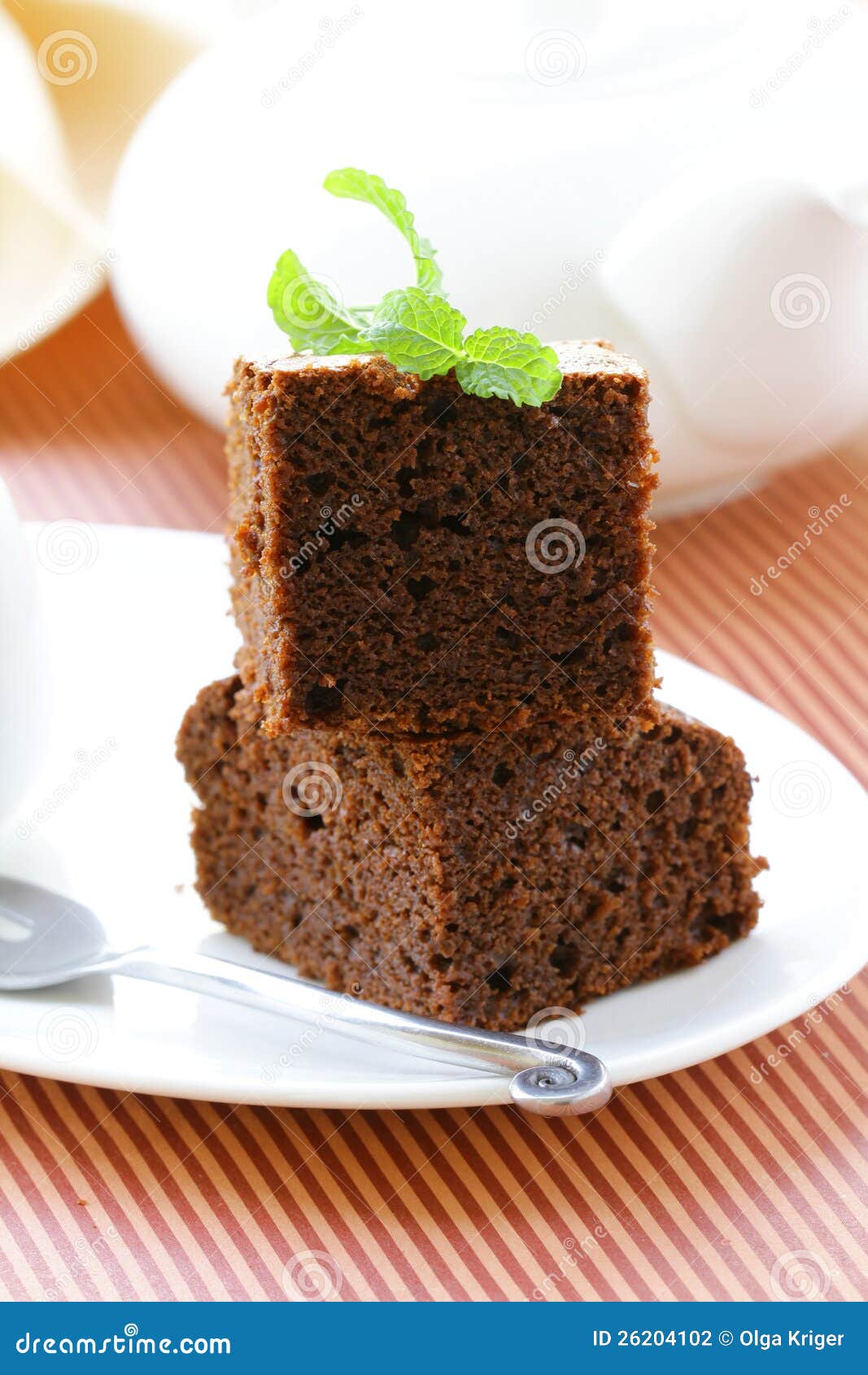 Chocolate Cake Brownie with a Mint Leaf Stock Photo Image of green