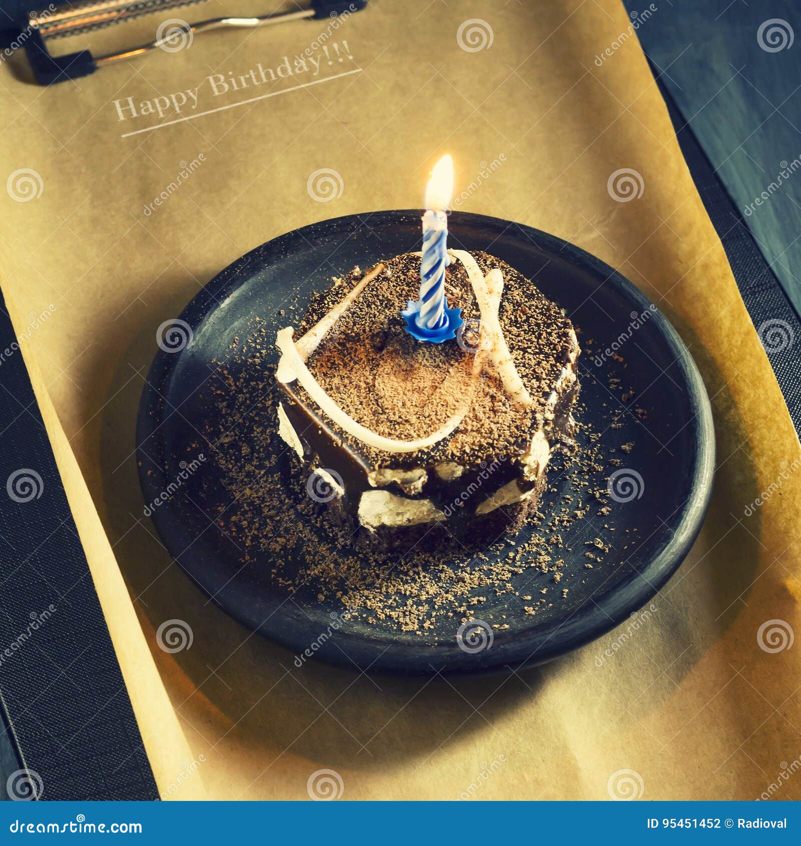 Chocolate Cake With A Candle And Gifts.Happy Birthday, Card. Holidays ...