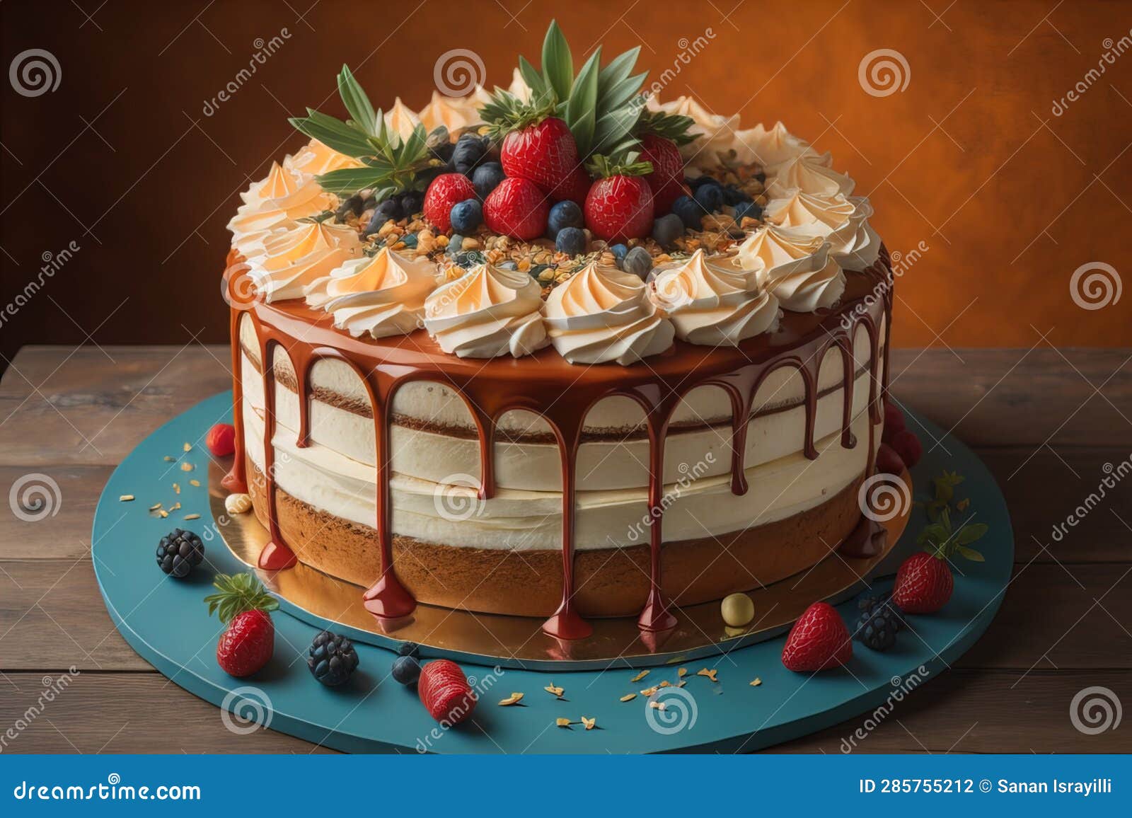 chocolate cake with cream on a solid color background. toned. ai generative
